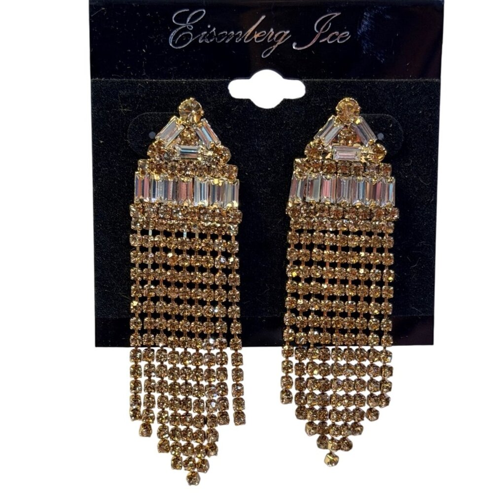 Vtg Eisenberg Ice Gold Rhinestone Fringe Statement Earrings 2.75" Sparkly NOS - Picture 3 of 4